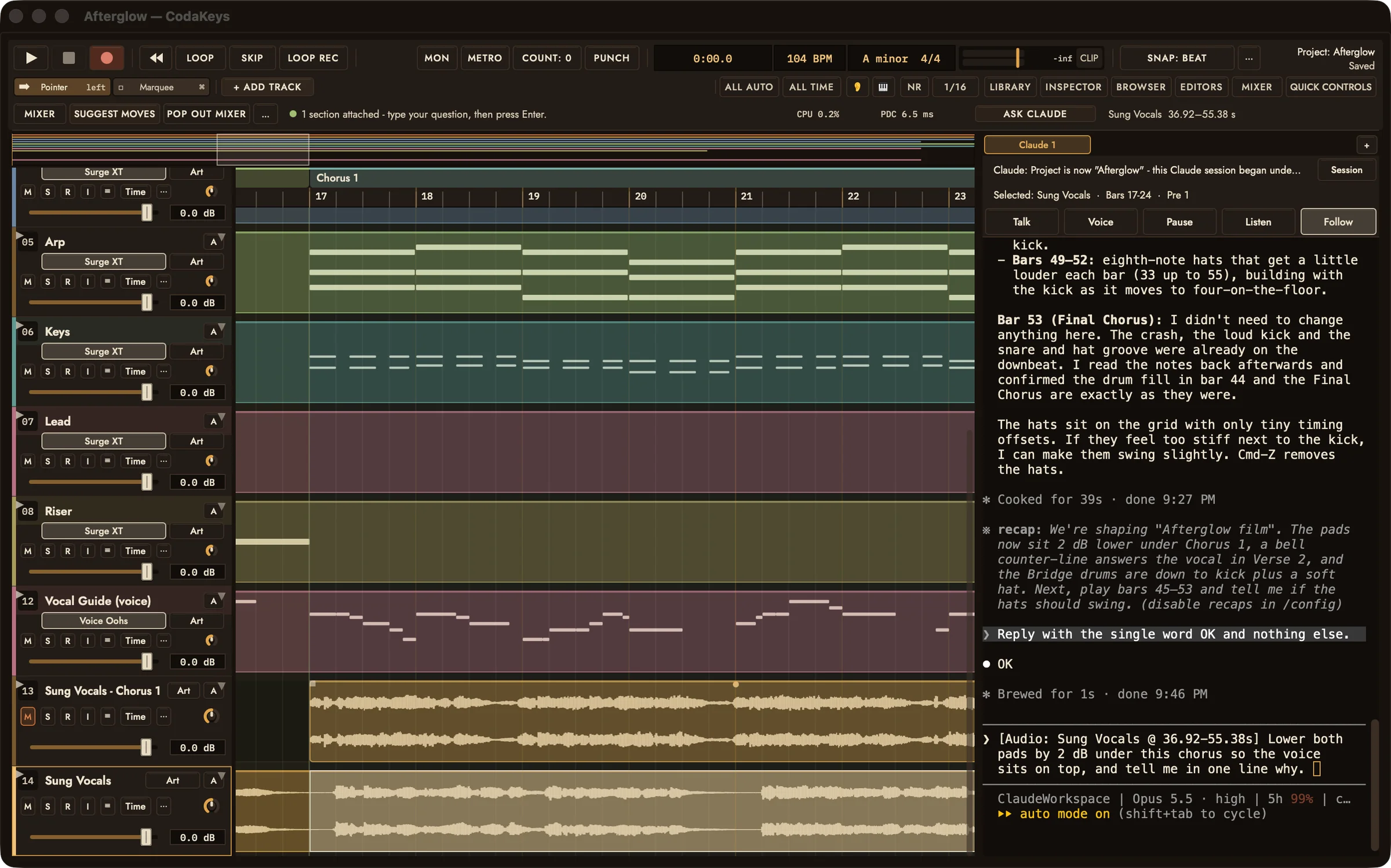 Afterglow in CodaKeys: the first chorus selected on the Sung Vocals track, the band on MIDI tracks above it, and Claude working in the panel on the right